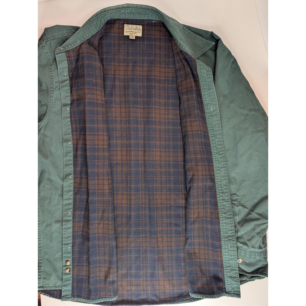 Cabelas Mens 2XL Flannel Lined Shirt Jacket Green Plaid Shacket Vintage
